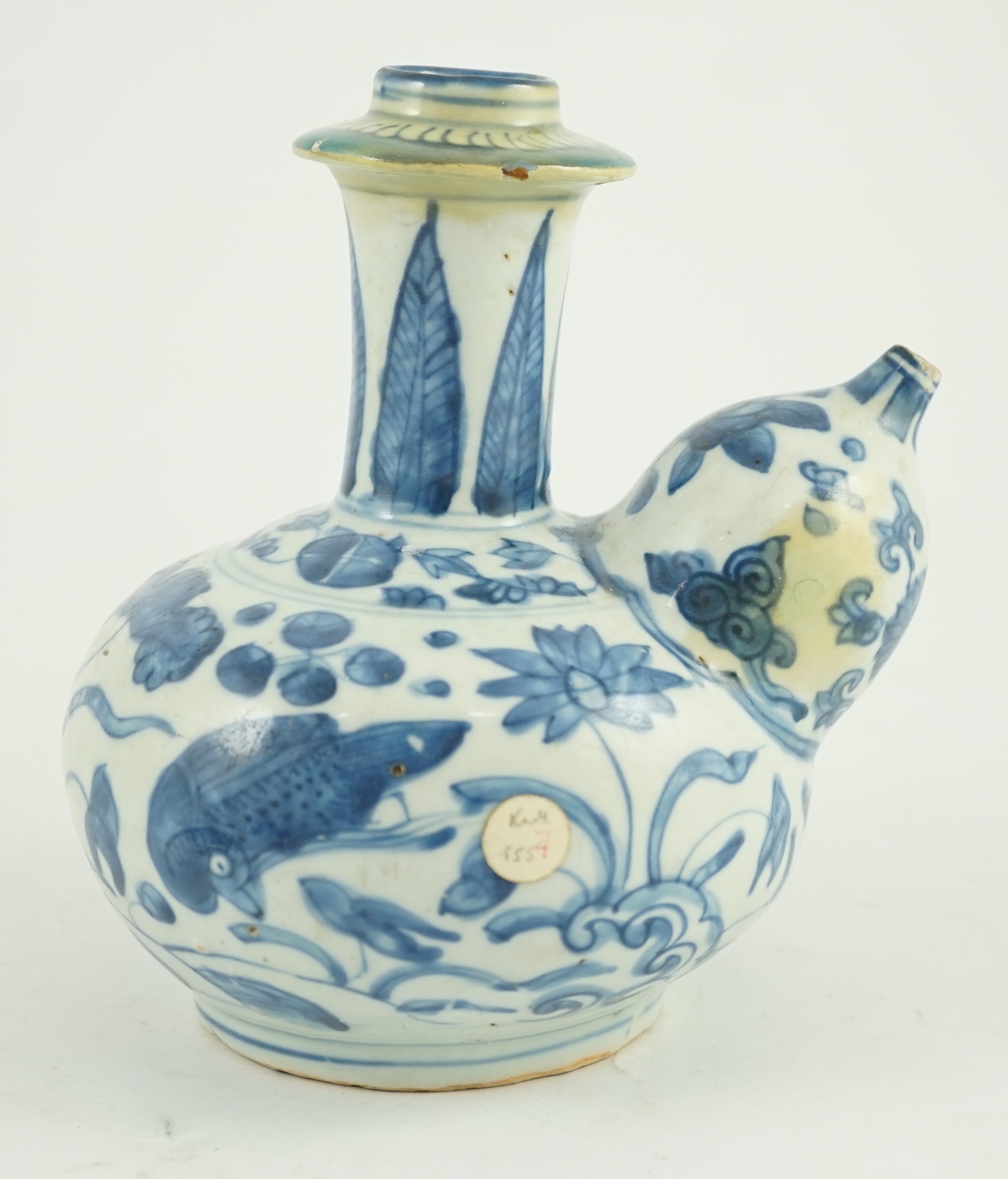 A Chinese late Ming blue and white ‘bird and lotus’ kendi, 16.5 cm high, areas of restoration